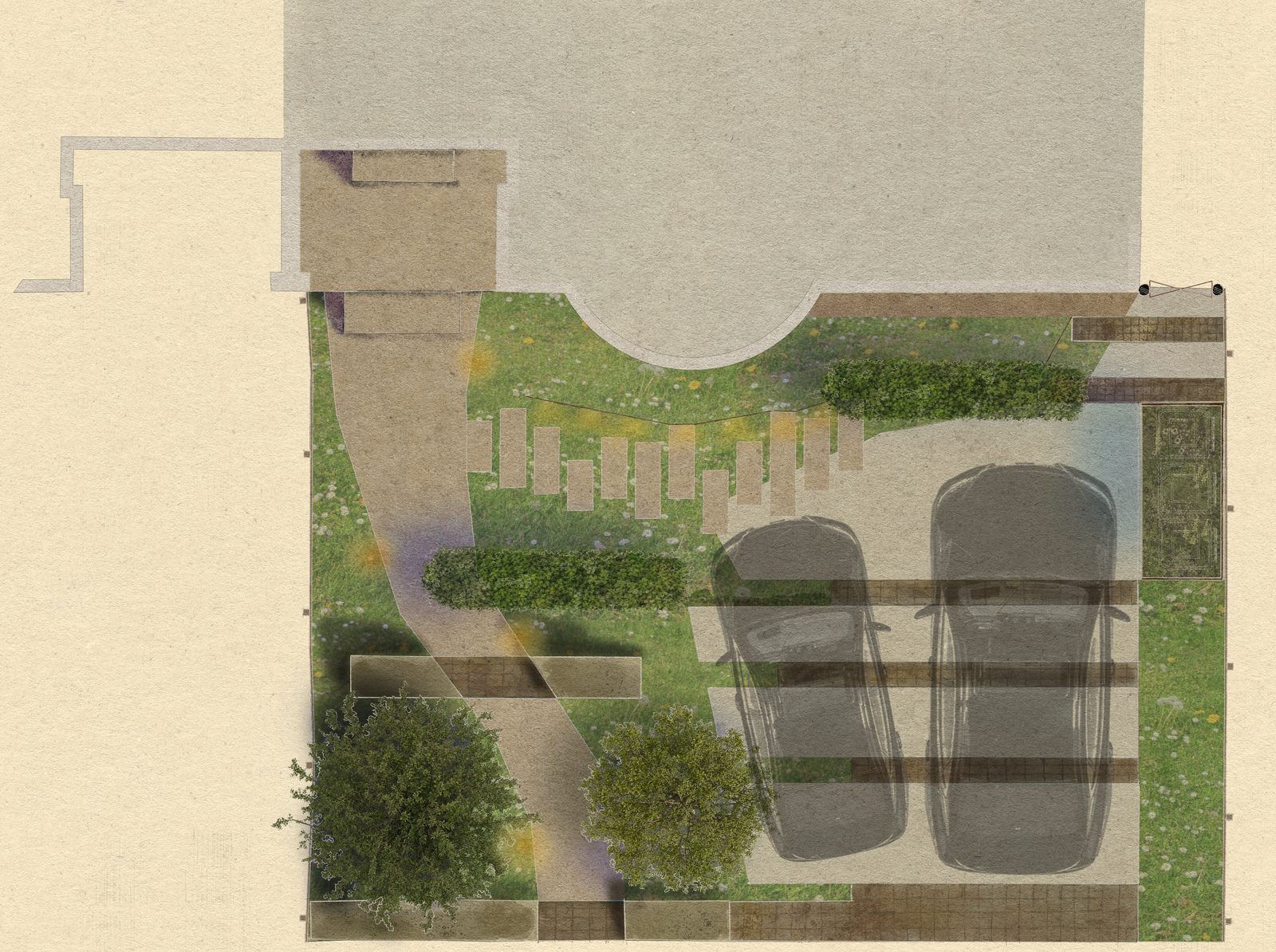 Rendered plan of the front garden, with parking, stepping stones and planting