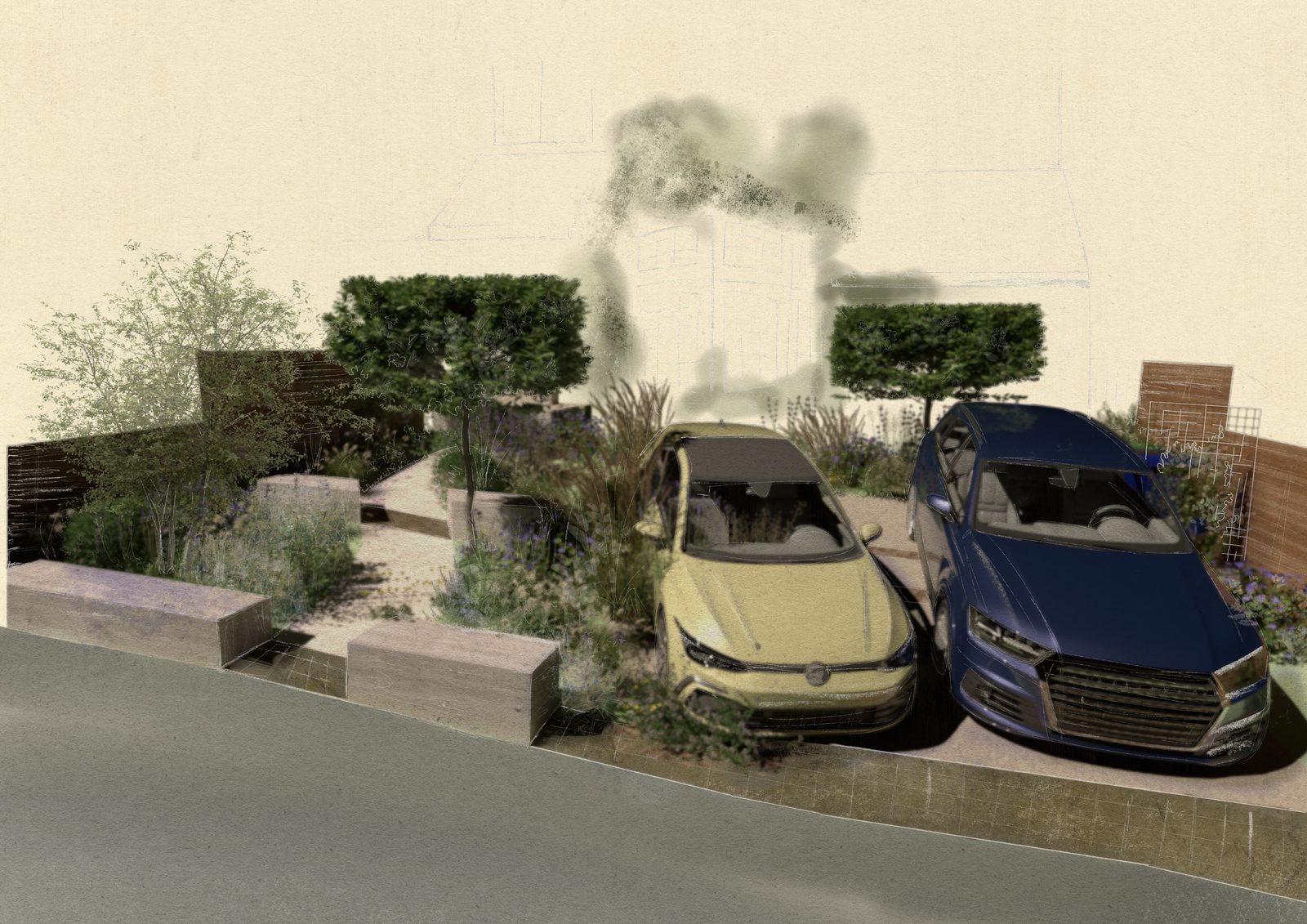 Design visual of the front garden from the street, with two cars parked among the planting