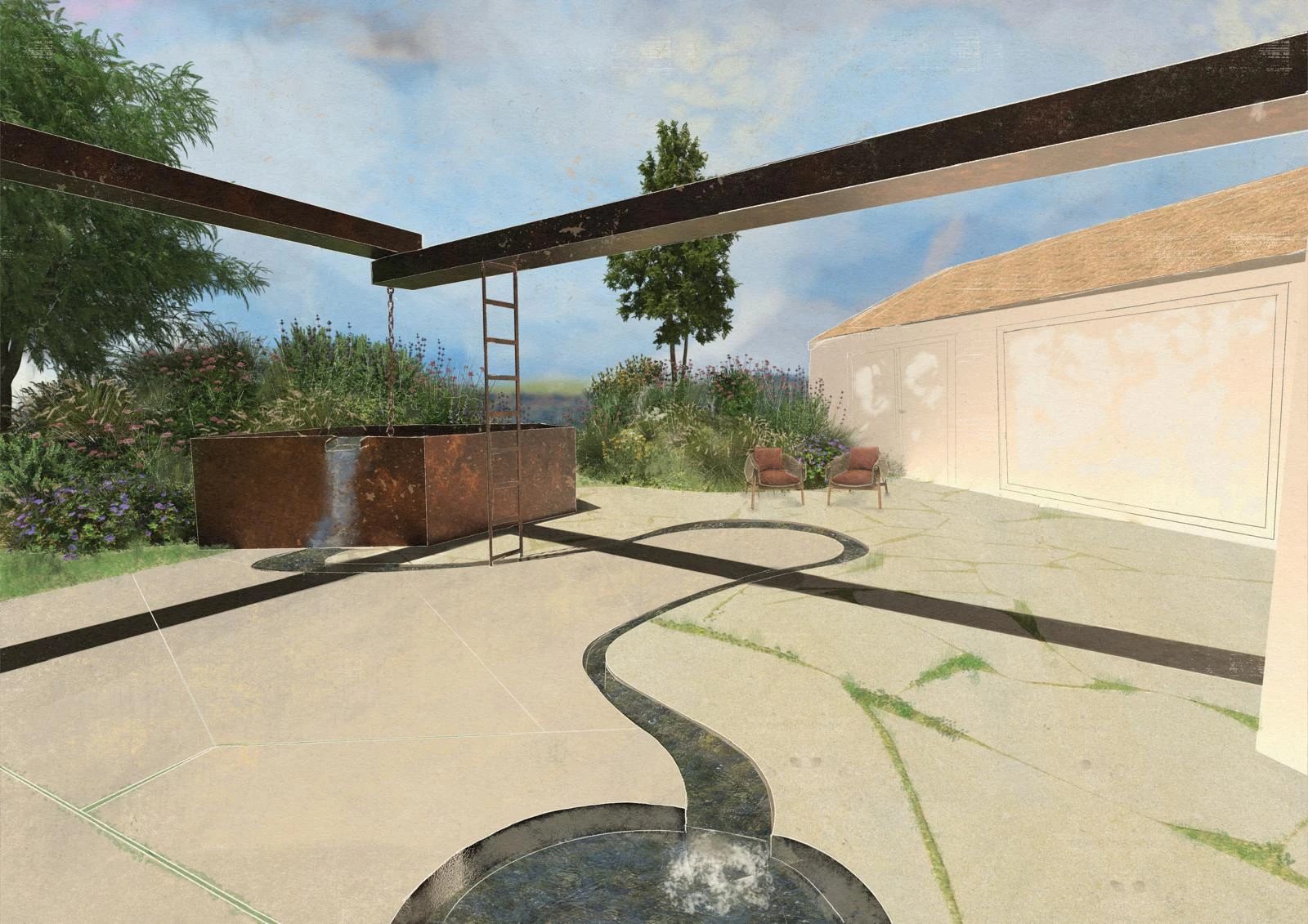 Design visual of a courtyard at Hoddinotts, Wiltshire: a rill winds across the paving to a round pool, under corten steel beams