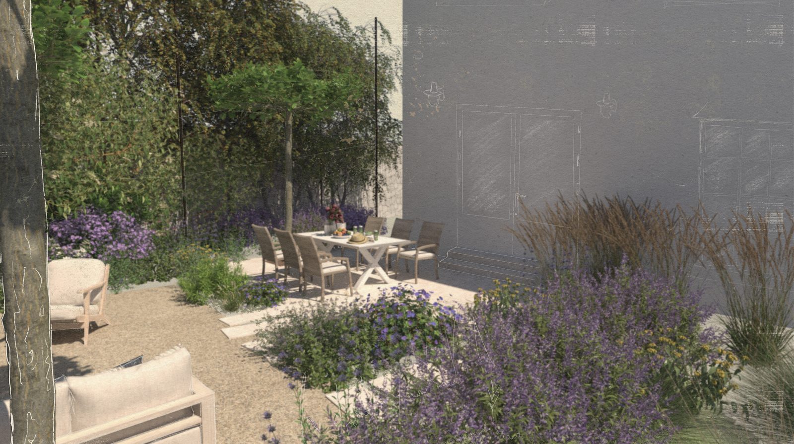 Design visual of a dining table on gravel among purple planting and grasses