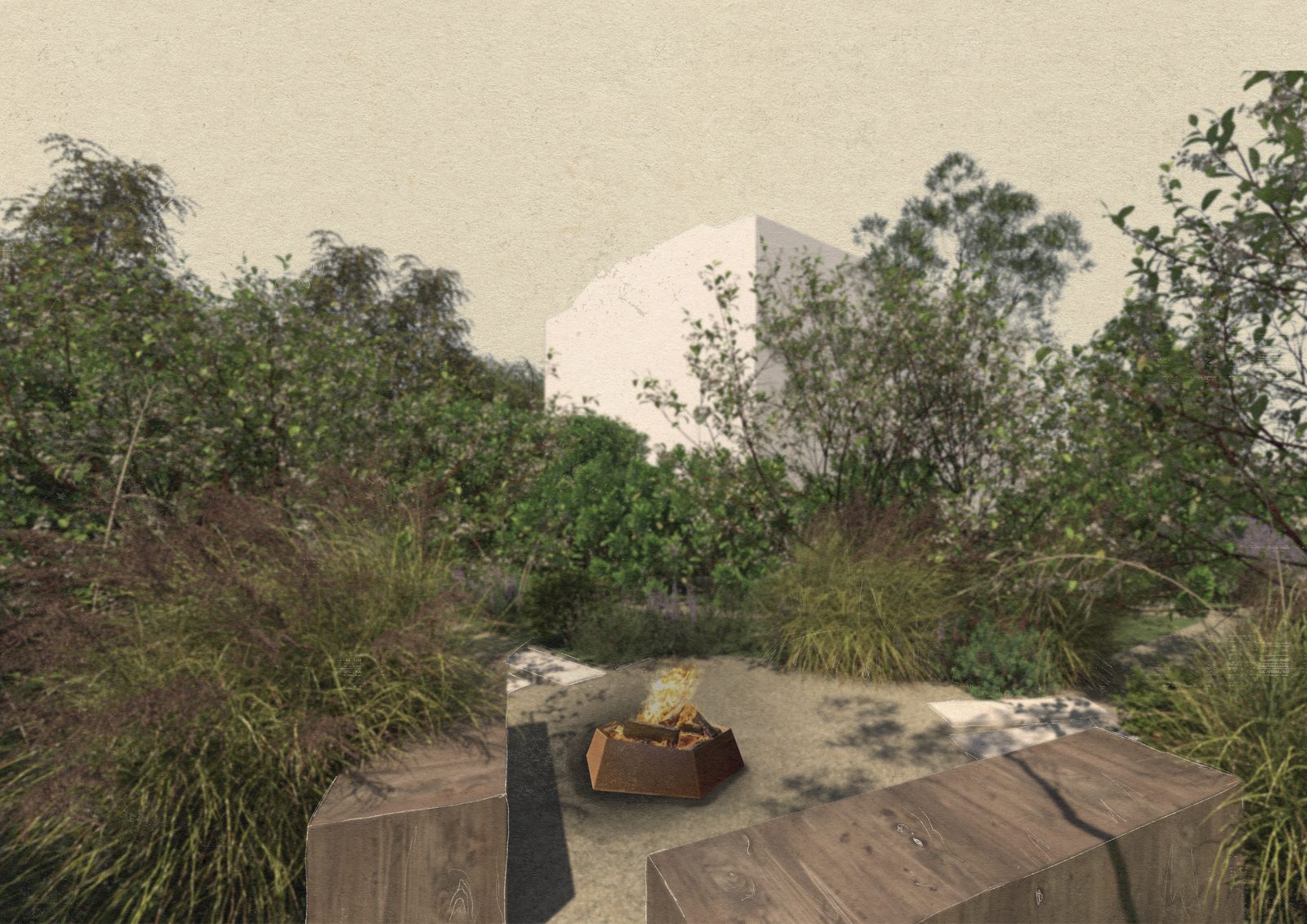 Design visual of a fire pit with chunky timber benches among grasses