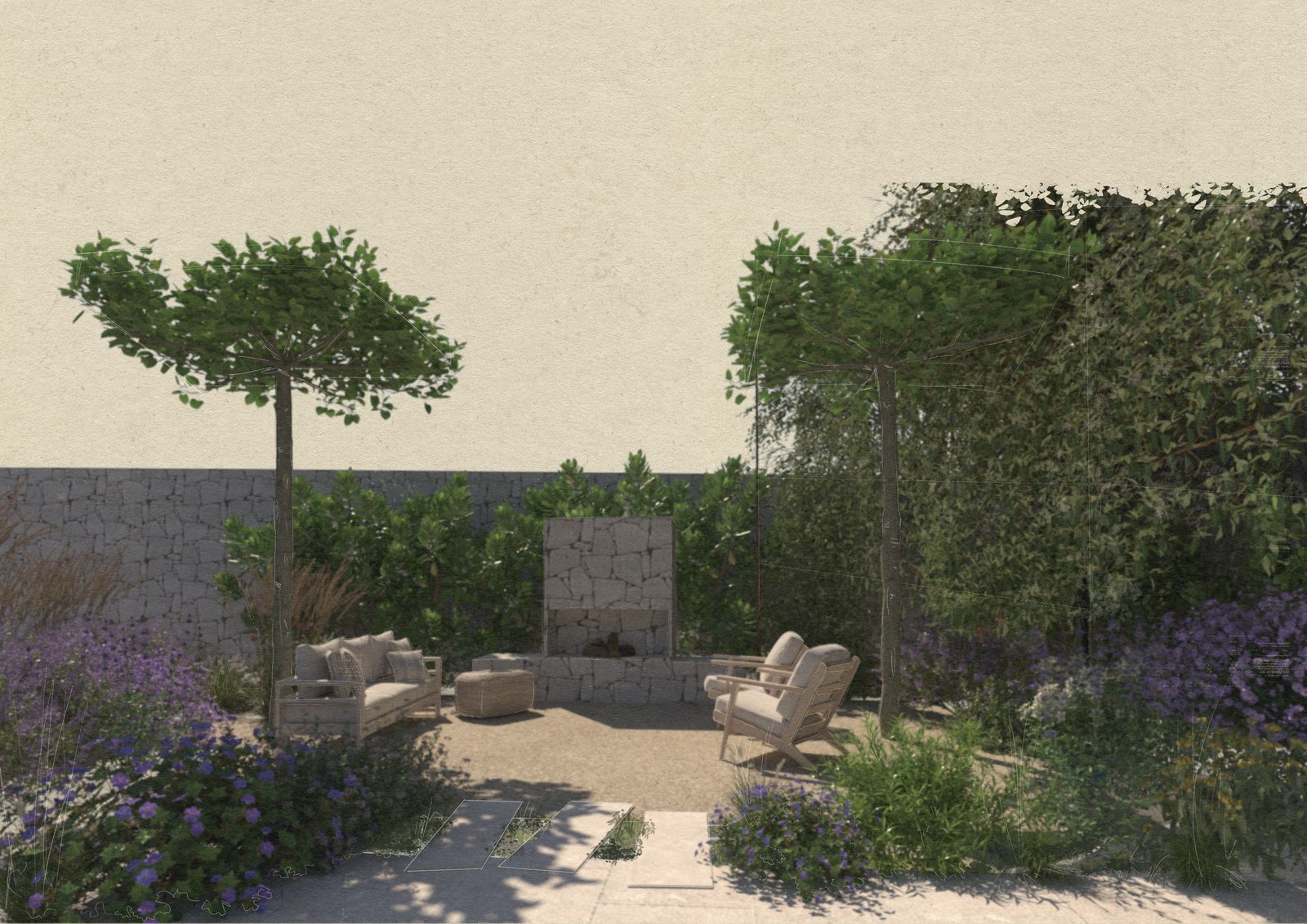 Design visual of an outdoor lounge around a stone fireplace, framed by standard trees and purple planting