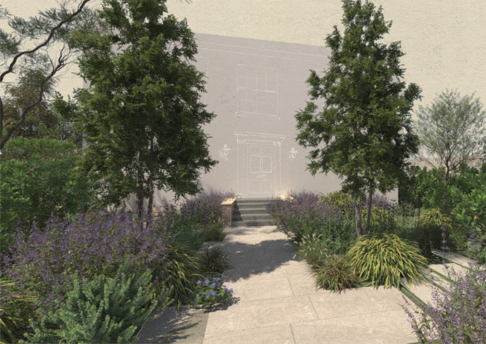 Design visual of a pale stone path and steps between planted beds and two trees