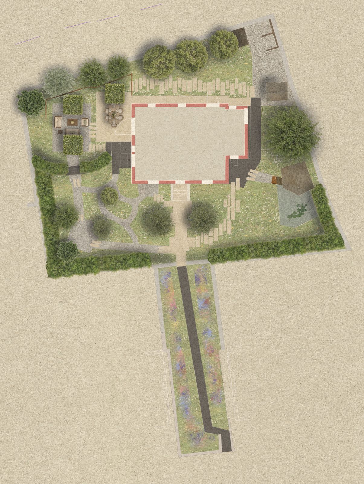 Rendered plan of the Montpelier Garden wrapping around the house
